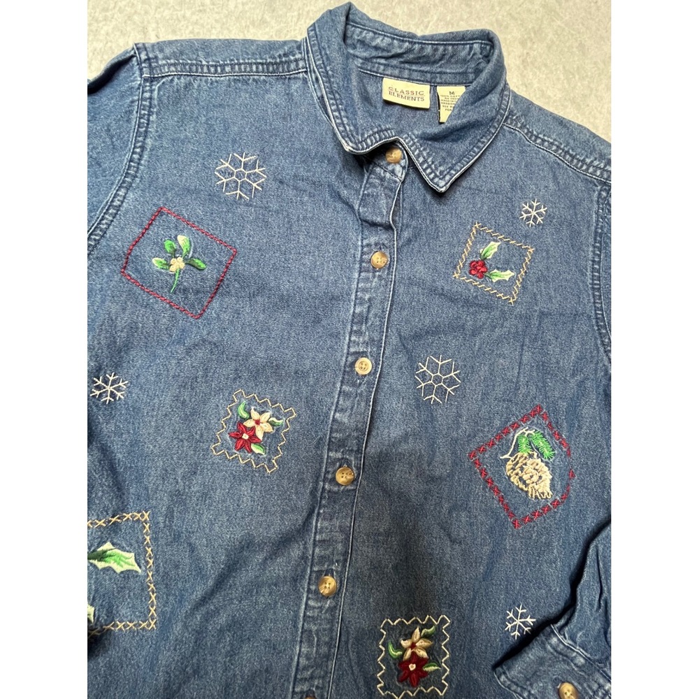 Classic Elements Womens M Denim Christmas Embroidered Button Down Shirt Blue 90s
